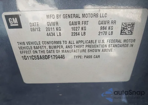 2013 Chevrolet Malibu 1Lt из США, поврежденный, VIN 1G11C5SA8DF179446